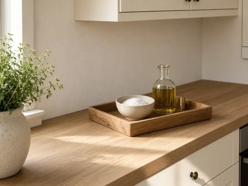 A small kitchen with a clear oak counter, open drawers, and a tray of daily tools