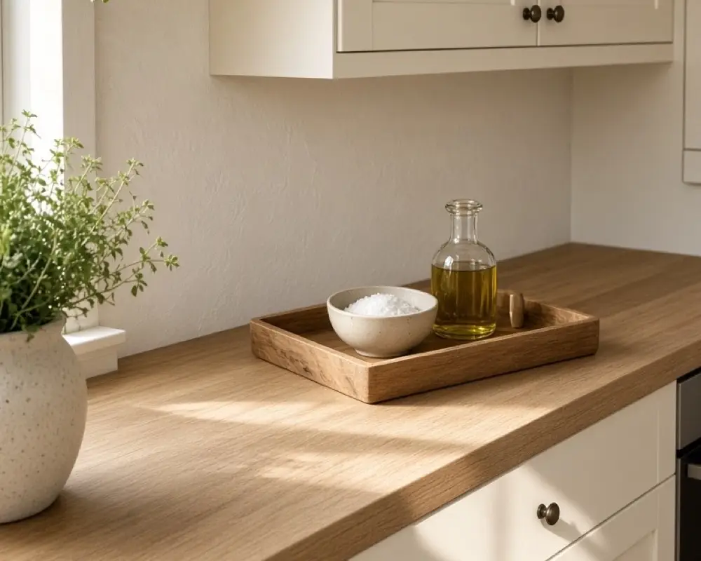 A small kitchen with a clear oak counter, open drawers, and a tray of daily tools