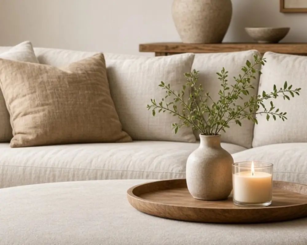 A living room with a large round upholstered ottoman holding a wooden tray in front of a linen sofa