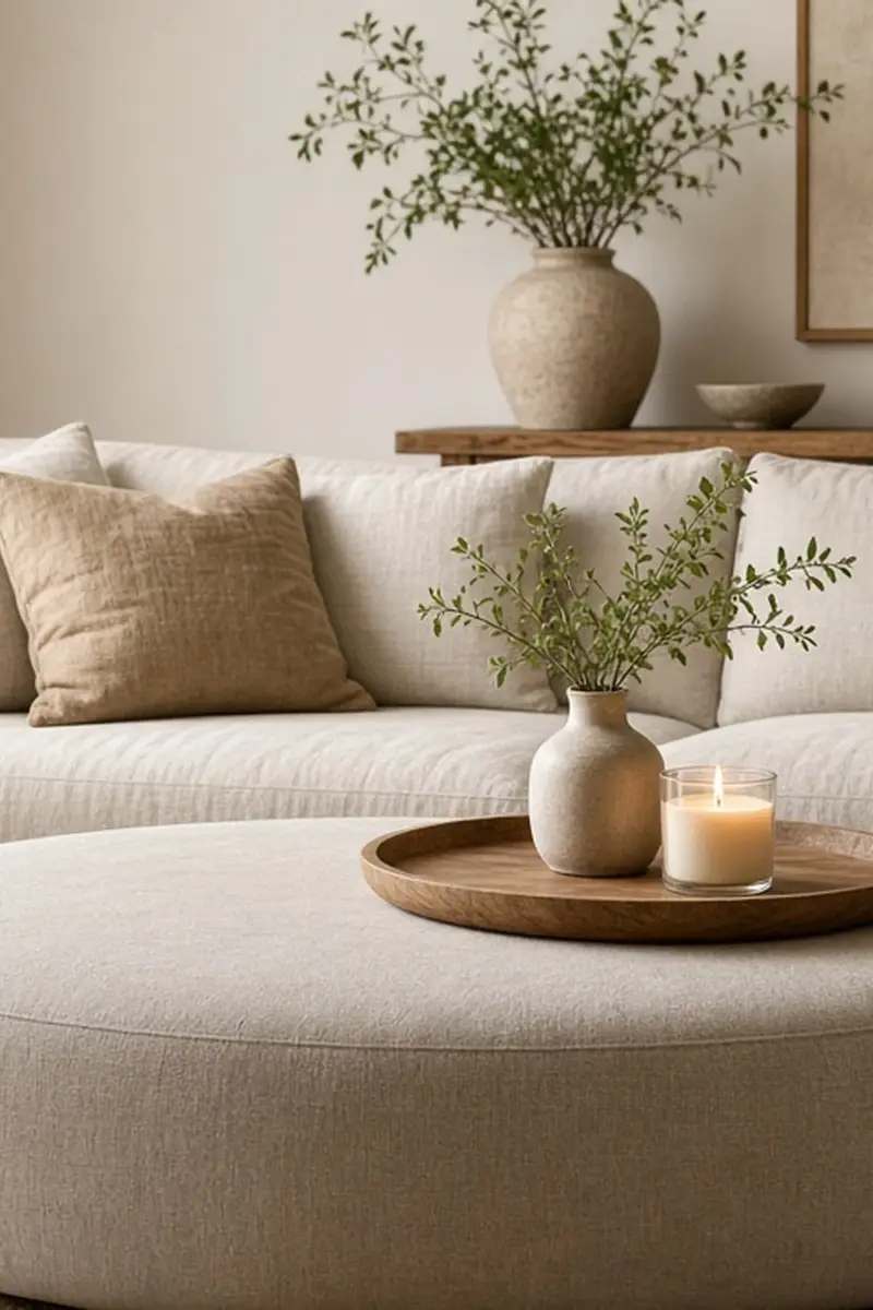 A living room with a large round upholstered ottoman holding a wooden tray in front of a linen sofa