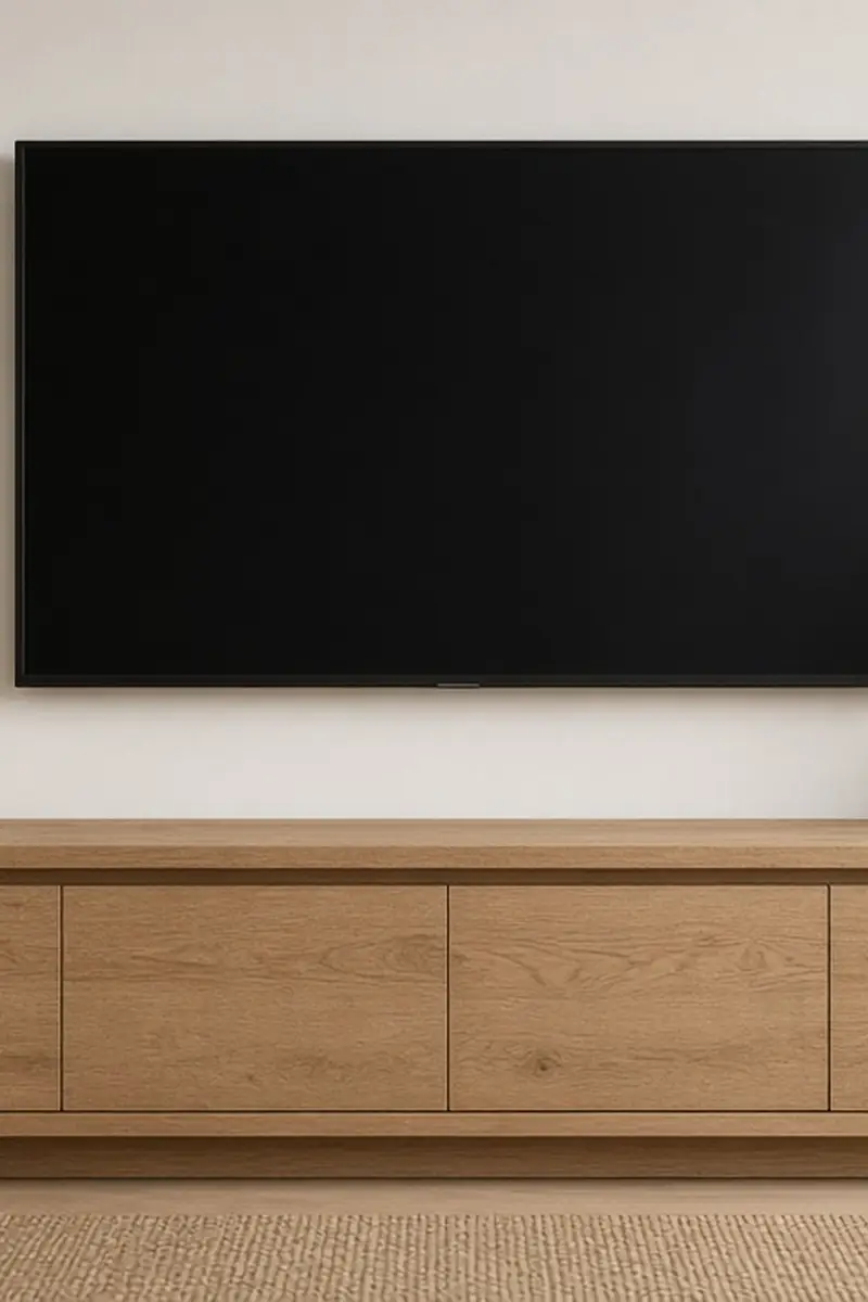 A living room with a low oak media console under a wall-mounted TV, a lamp, and a plant beside it