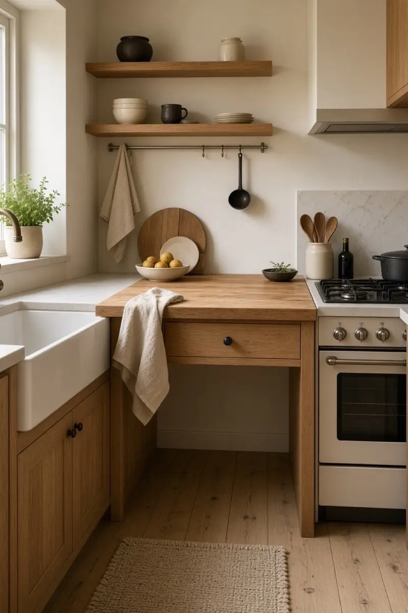 A tiny kitchen with a clear prep counter between a sink and a small stove