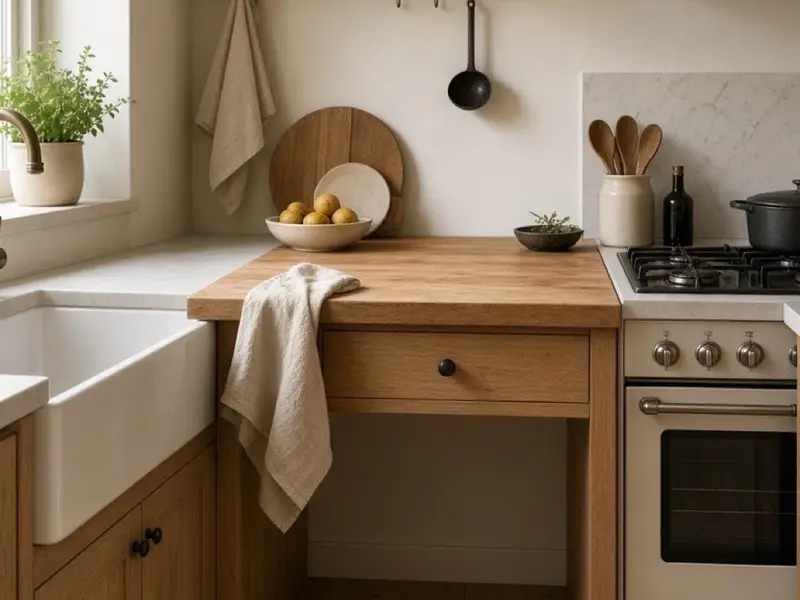 A tiny kitchen with a clear prep counter between a sink and a small stove