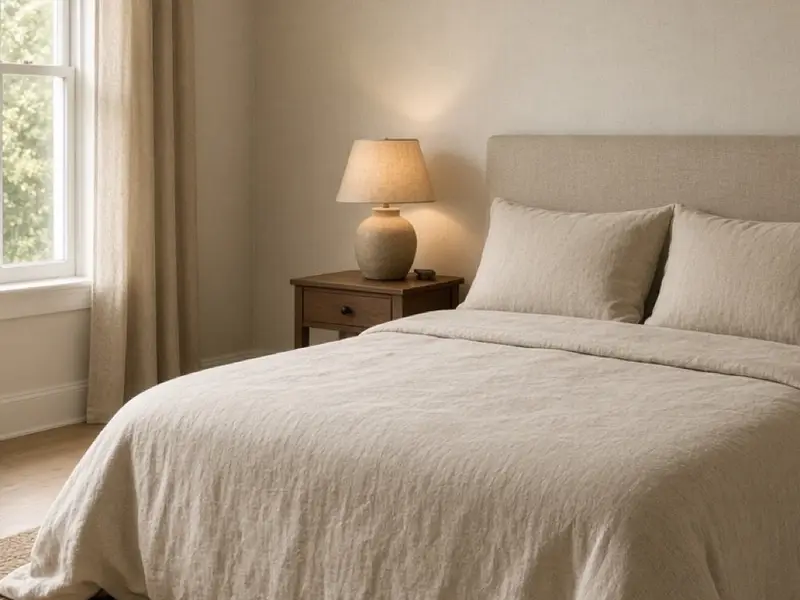 A calm guest bedroom with a made bed, a clear floor, and one lamp