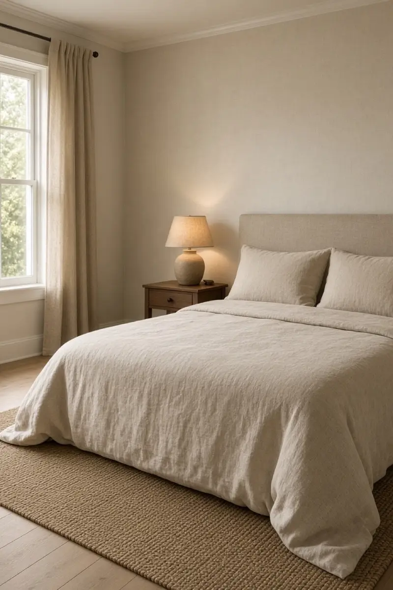 A calm guest bedroom with a made bed, a clear floor, and one lamp