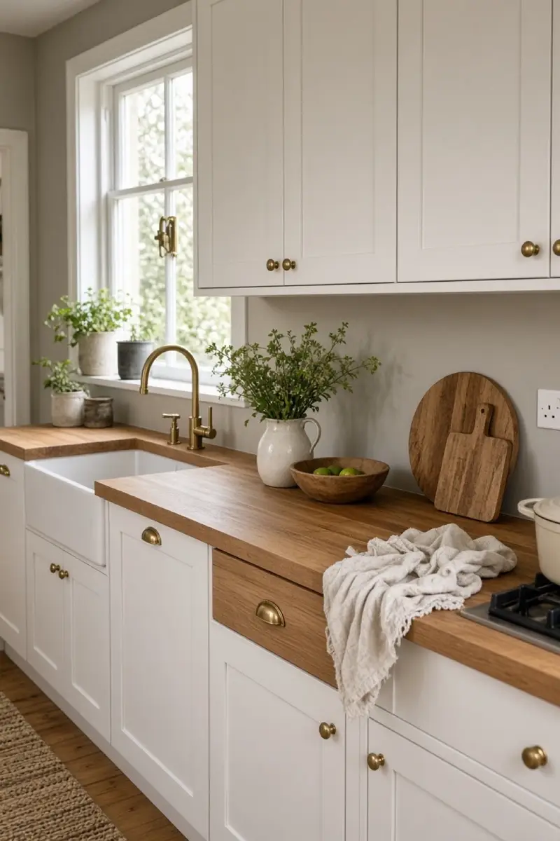 A warm kitchen wall with a painted backsplash band, oak counters, and a simple rail