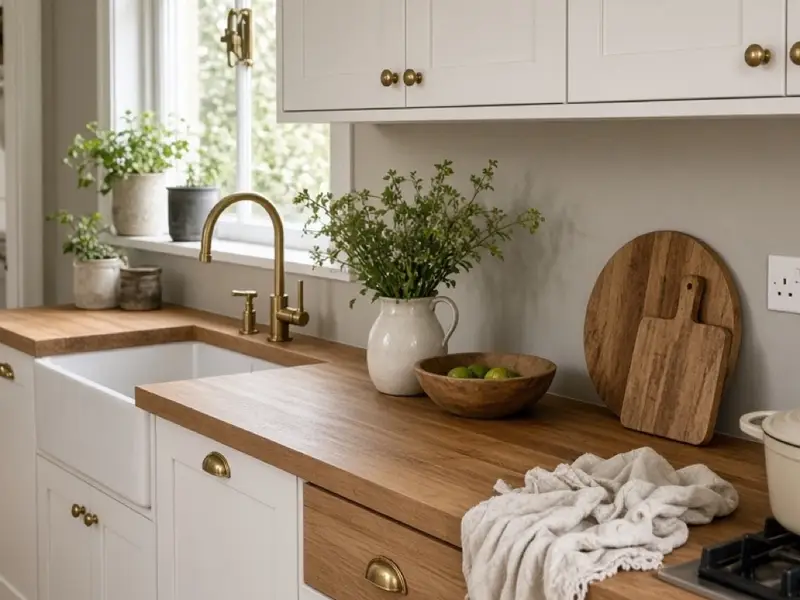 A warm kitchen wall with a painted backsplash band, oak counters, and a simple rail