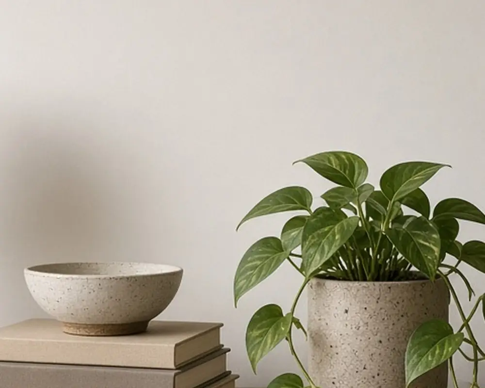 A tidy TV stand with a lamp at one end, a short stack of books, and a small plant beside a dark screen
