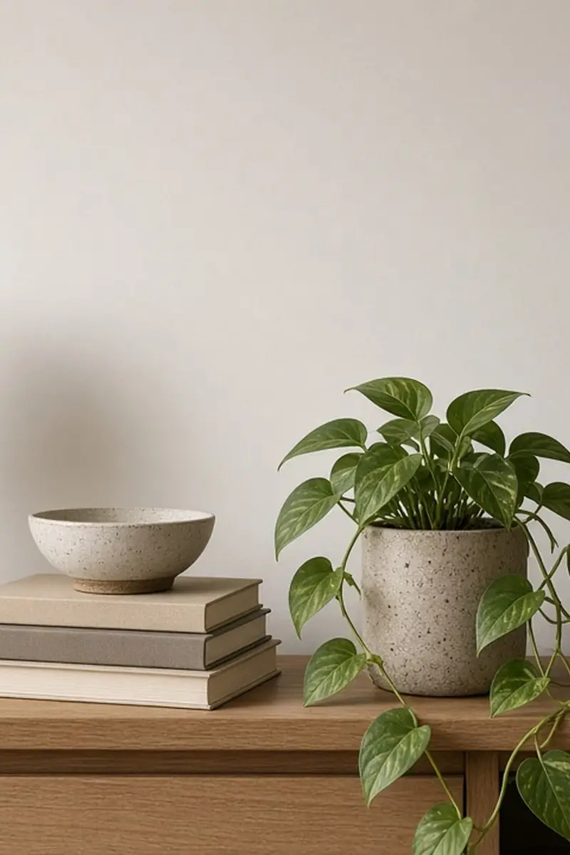 A tidy TV stand with a lamp at one end, a short stack of books, and a small plant beside a dark screen