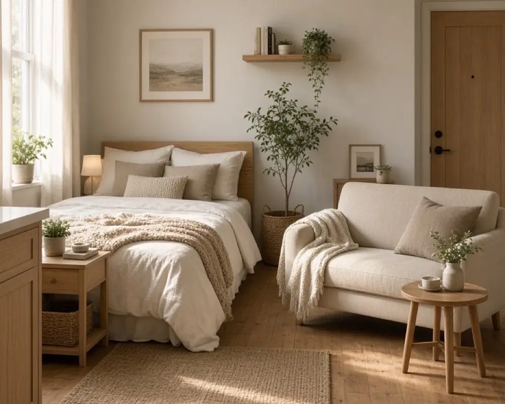A studio with a bed against the far wall and an open path to the door