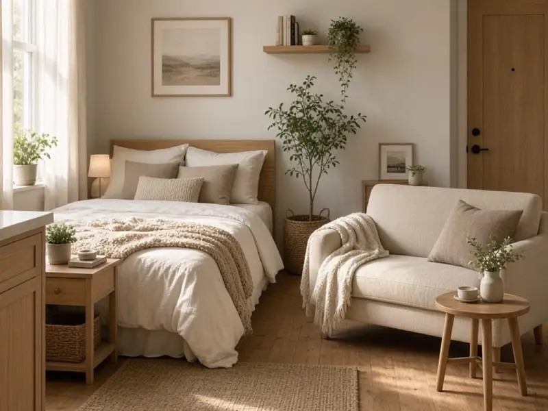 A studio with a bed against the far wall and an open path to the door