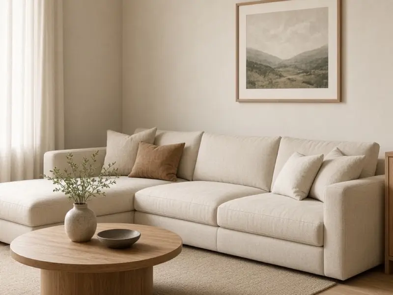An L-shaped oatmeal sofa in a corner with a round table and a clear path