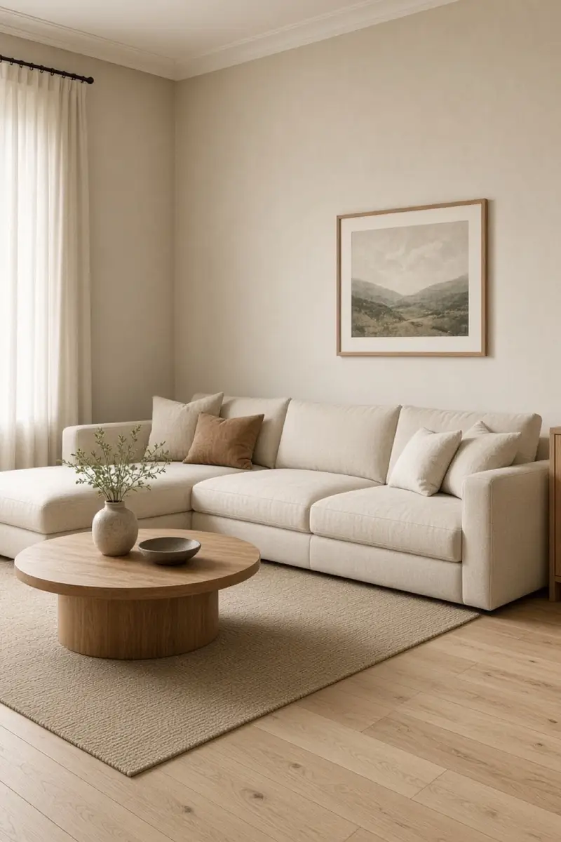An L-shaped oatmeal sofa in a corner with a round table and a clear path
