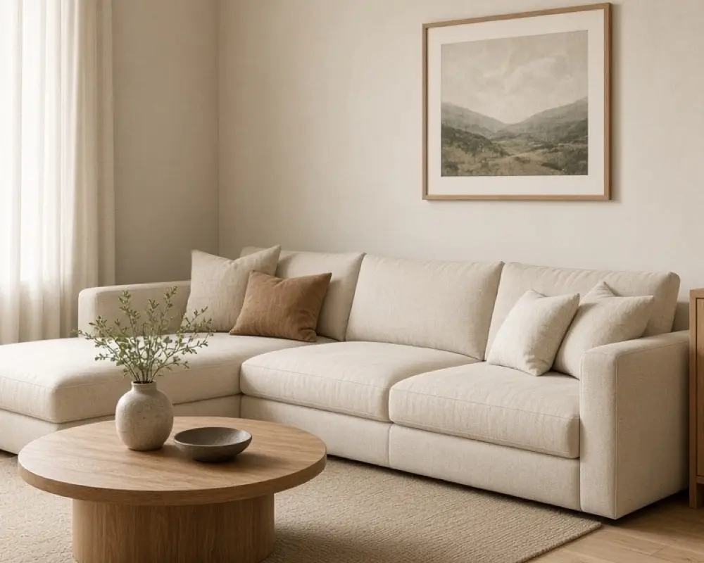 An L-shaped oatmeal sofa in a corner with a round table and a clear path