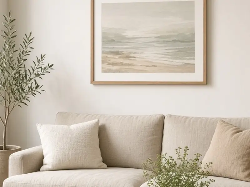 A living room wall with one framed print hung level above a sofa