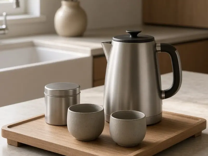 A small tea tray with a kettle, a tin, and a cup that is not a mug