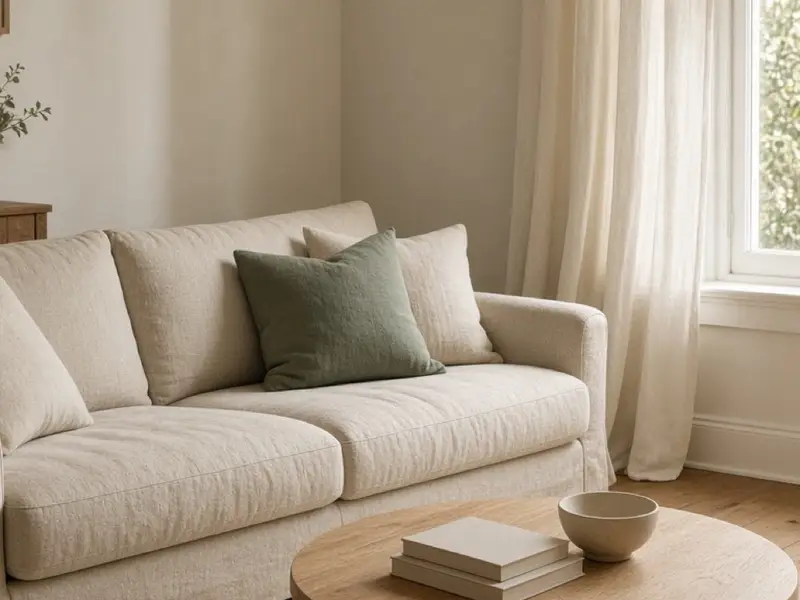 An oatmeal sofa turned toward a bright window, with a round oak table and one sage pillow
