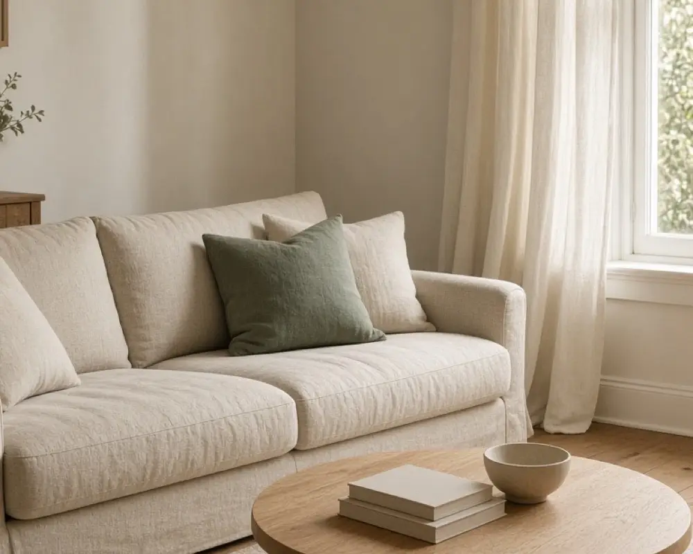 An oatmeal sofa turned toward a bright window, with a round oak table and one sage pillow