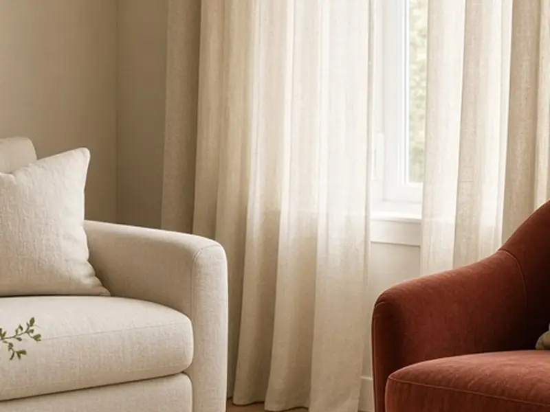 An illustrated beige living room with a deep brown sofa, cream rug, and a single rust pillow