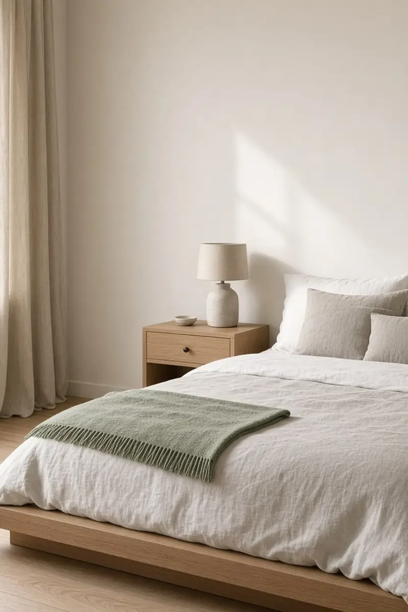 A small bedroom with white and warm gray linen, a sage throw, and a simple oak nightstand