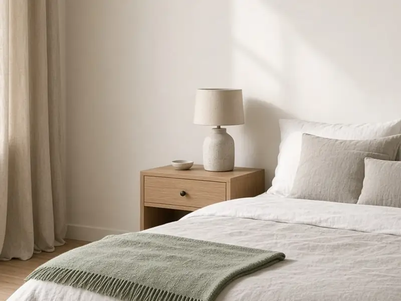 A small bedroom with white and warm gray linen, a sage throw, and a simple oak nightstand