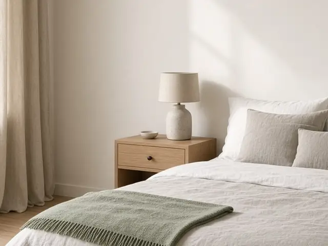 A small bedroom with light bedding and a clear path beside the bed