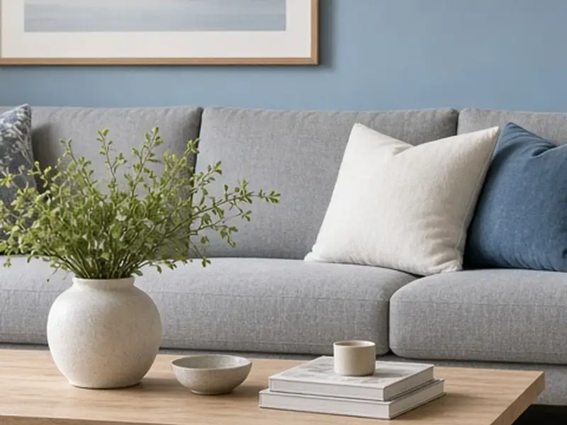 An illustrated living room with blue gray walls, a gray sofa, an oak table, and a warm floor lamp