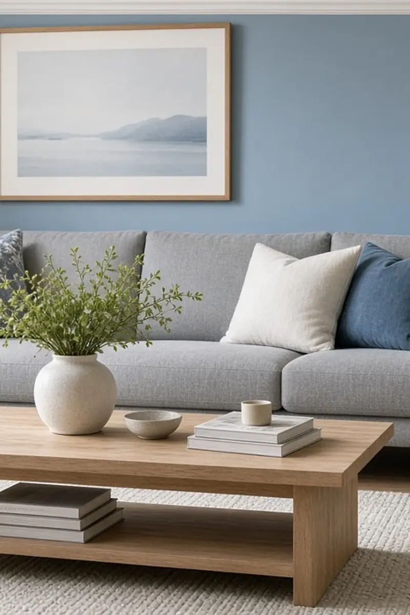 An illustrated living room with blue gray walls, a gray sofa, an oak table, and a warm floor lamp