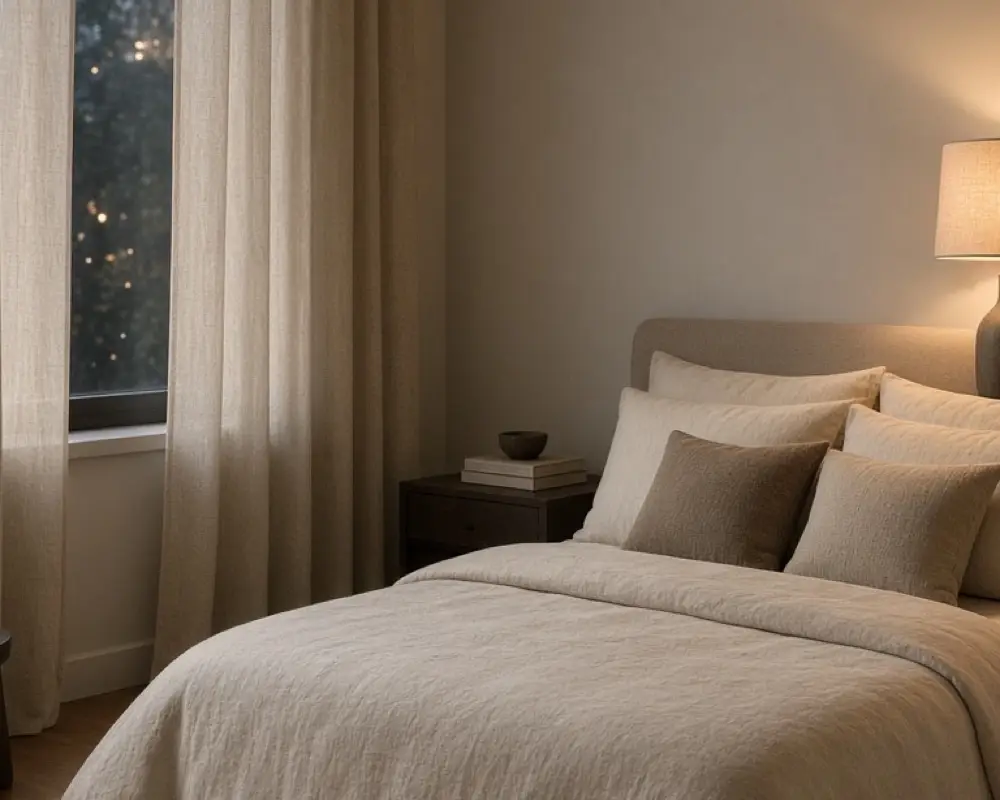 A calm bedroom with warm greige walls, cream bedding, and linen curtains