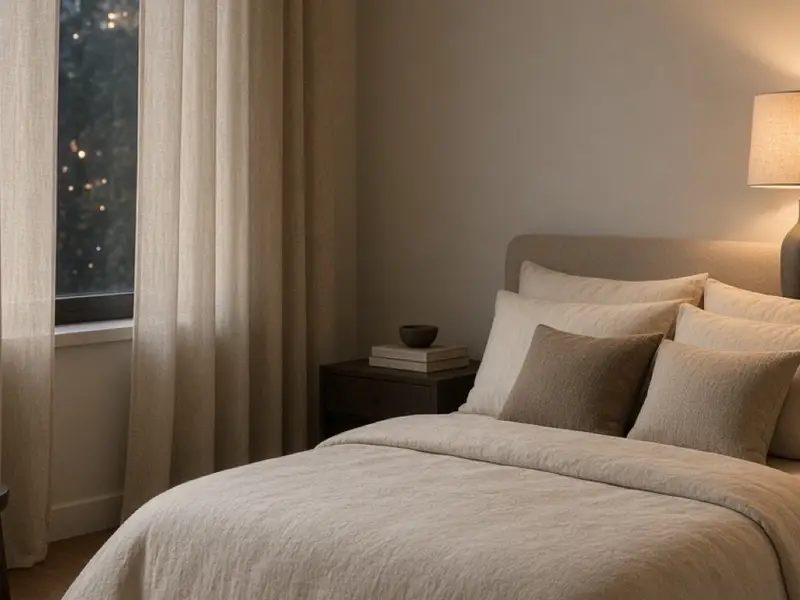 A calm bedroom with warm greige walls, cream bedding, and linen curtains