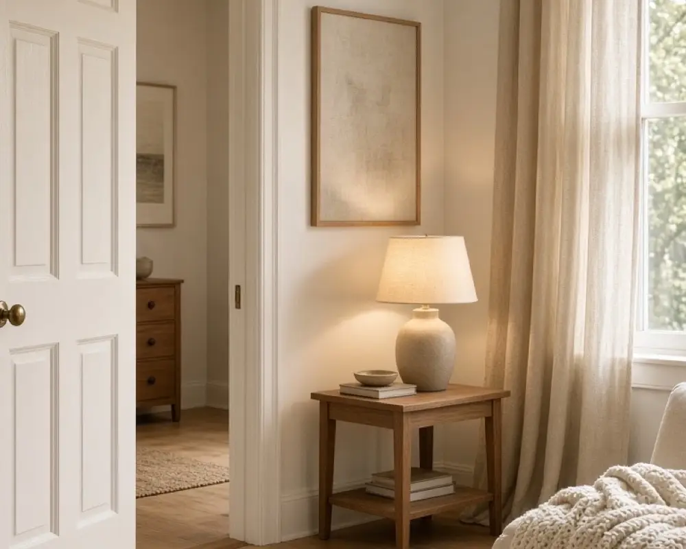A living room with a freshly painted door, warm lamp, and higher curtains