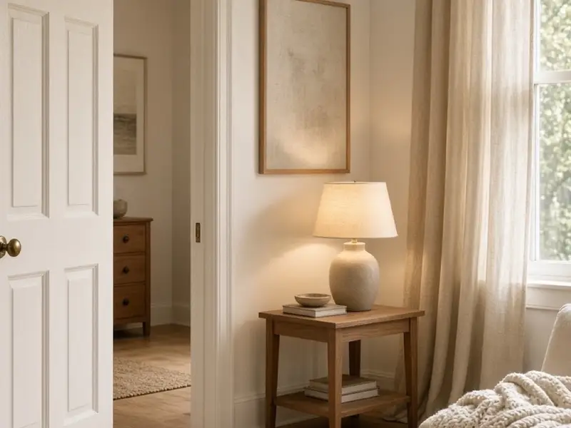 A living room with a freshly painted door, warm lamp, and higher curtains