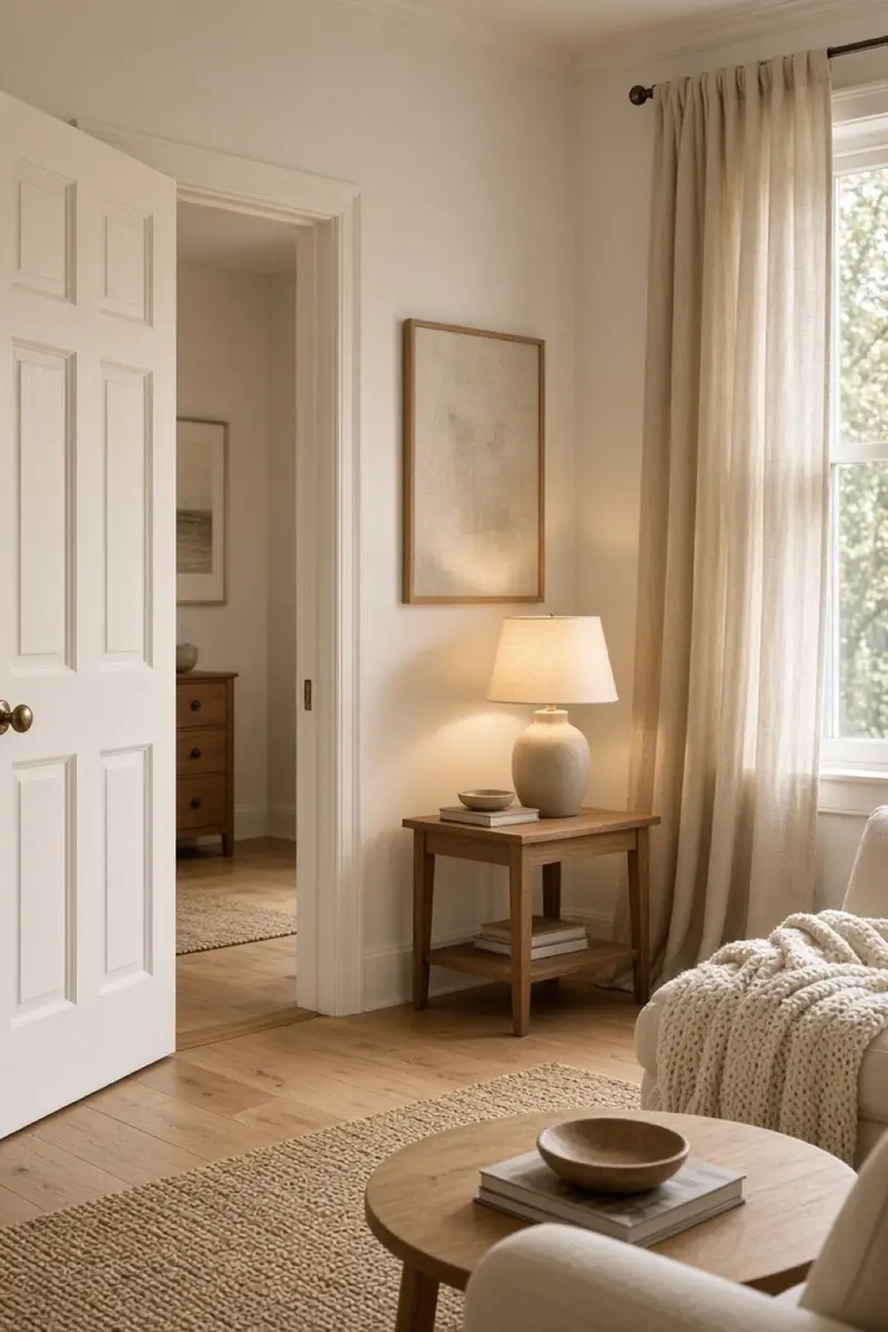 A living room with a freshly painted door, warm lamp, and higher curtains