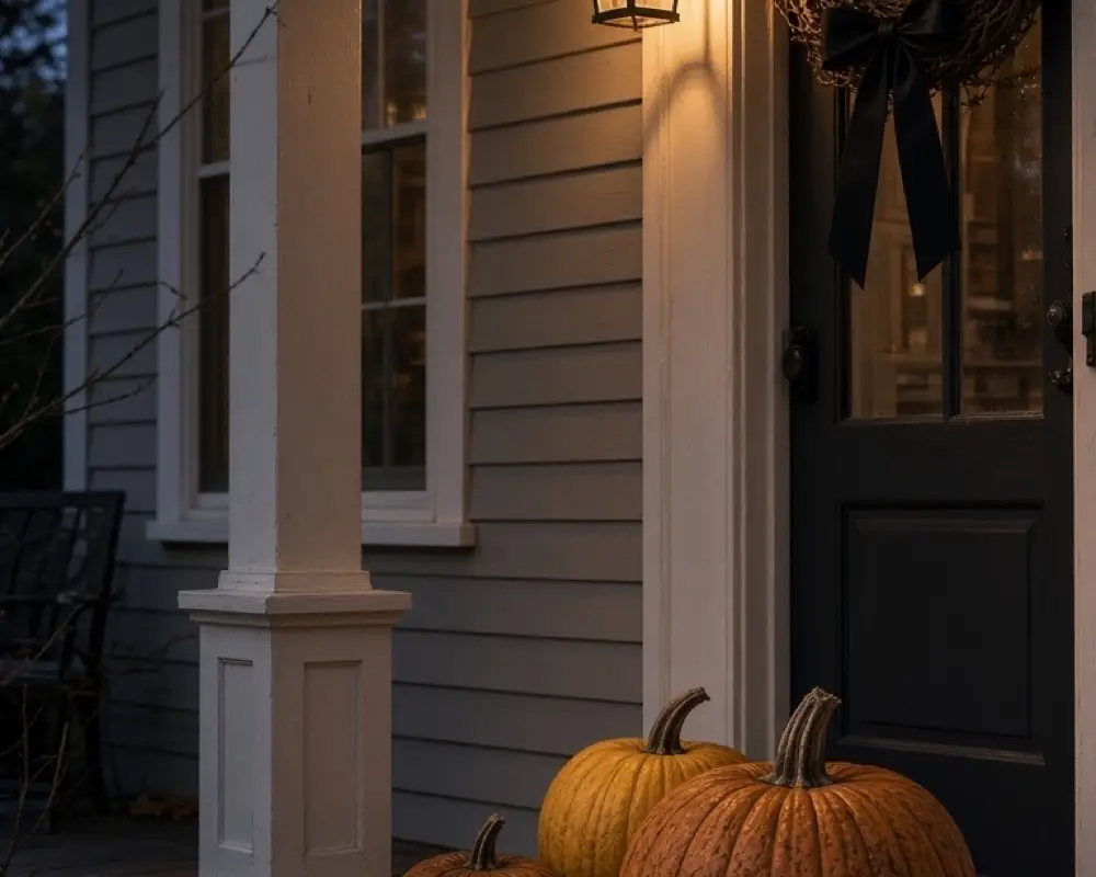 A front porch with three pumpkins, a warm light, and a plain black ribbon