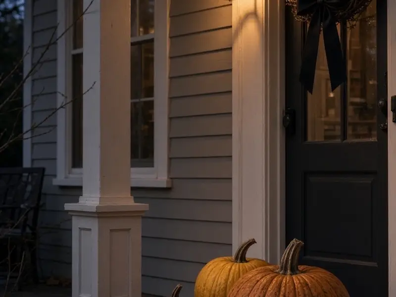 A front porch with three pumpkins, a warm light, and a plain black ribbon