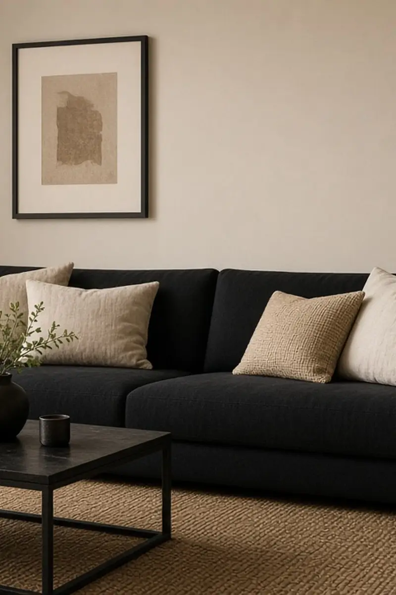 An illustrated living room with warm beige walls, a soft black sofa, a round rug, and a floor lamp