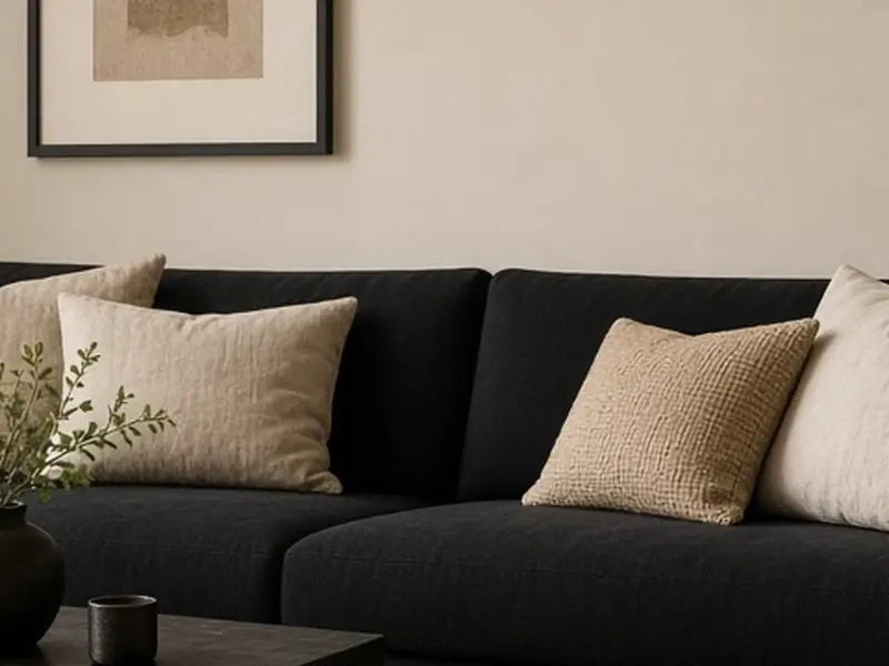 An illustrated living room with warm beige walls, a soft black sofa, a round rug, and a floor lamp