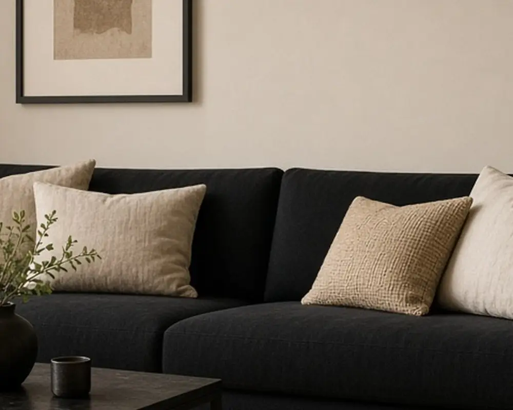 An illustrated living room with warm beige walls, a soft black sofa, a round rug, and a floor lamp