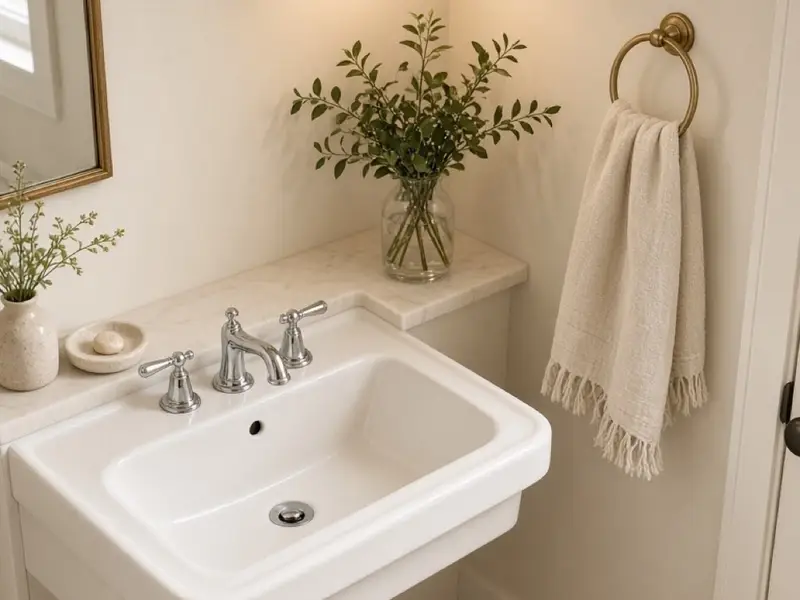 A small powder room with a white sink, a hand towel, and warm light