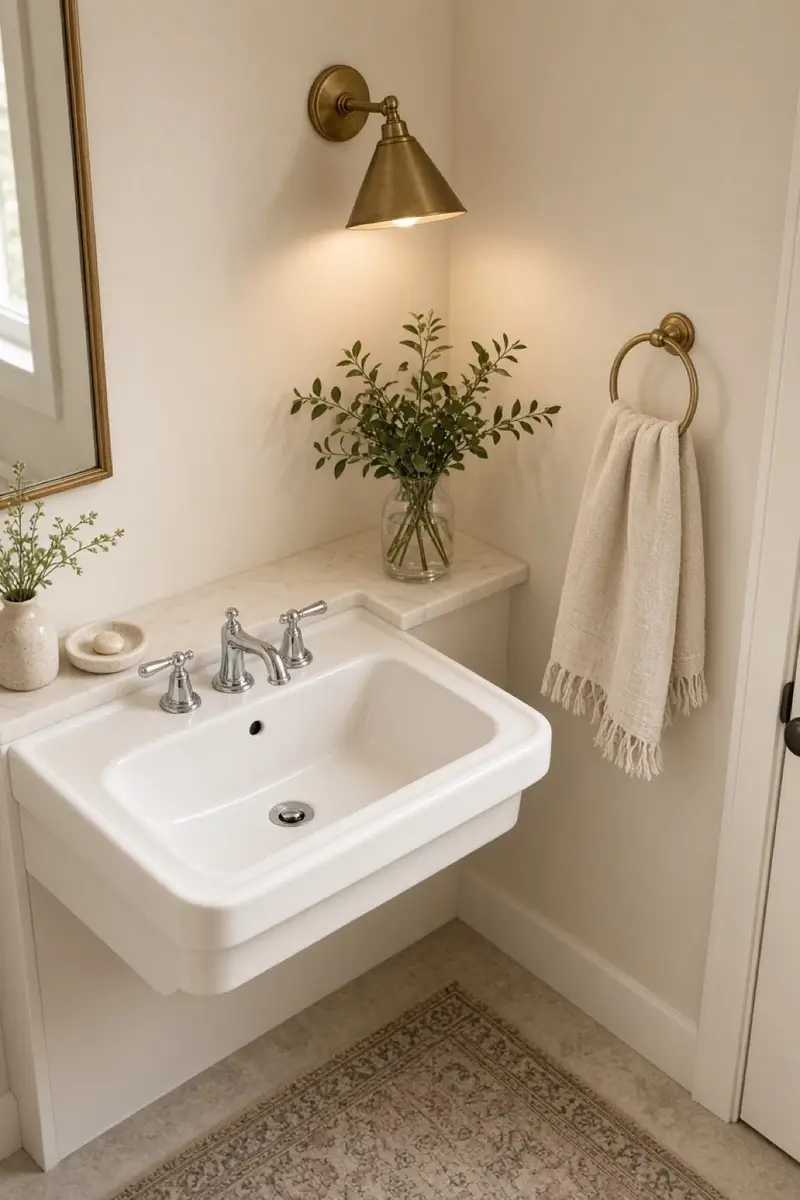 A small powder room with a white sink, a hand towel, and warm light