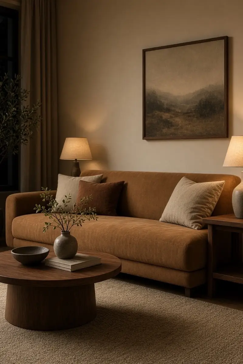 A brown sofa and beige walls in a living room lit by warm lamps