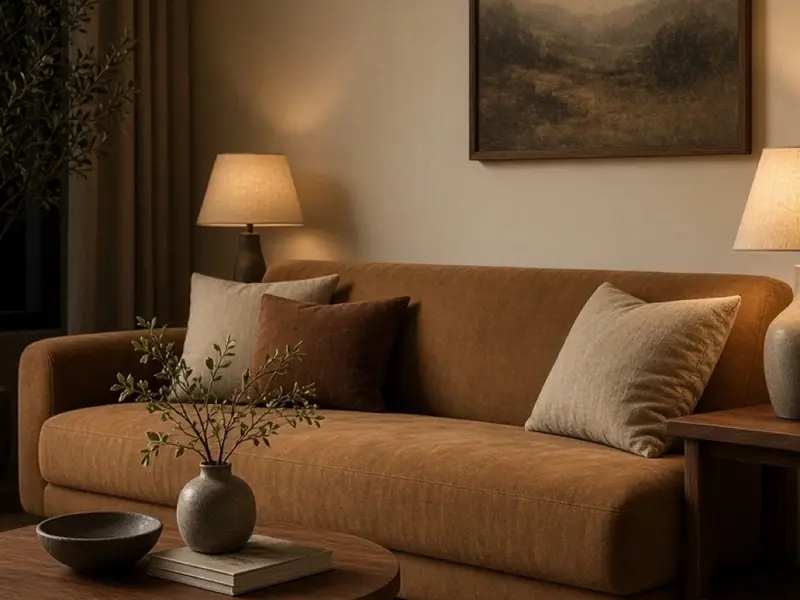 A brown sofa and beige walls in a living room lit by warm lamps