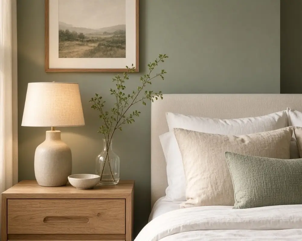 A sage bedroom with cream bedding, an oak nightstand, and warm lamp light