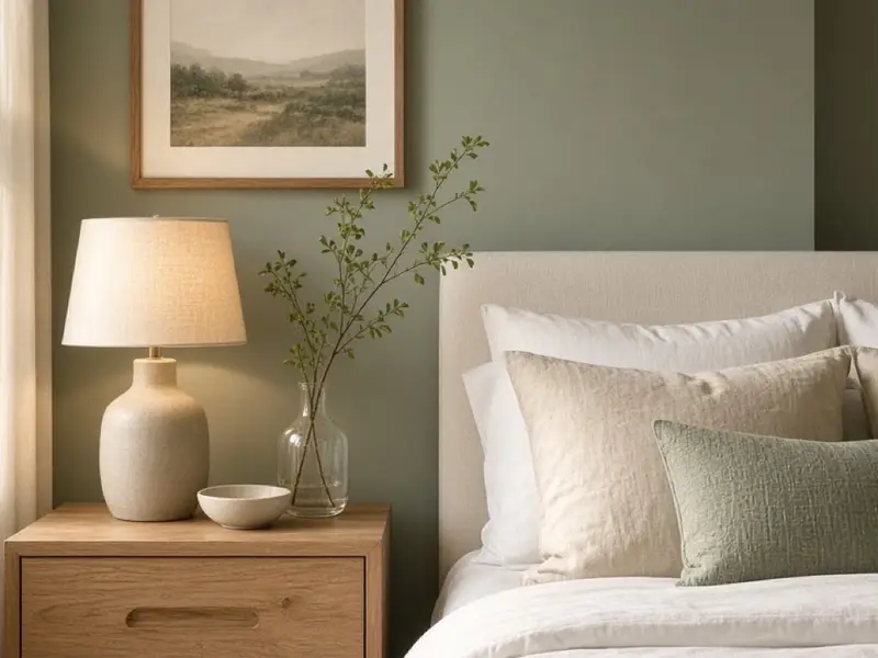 A sage bedroom with cream bedding, an oak nightstand, and warm lamp light