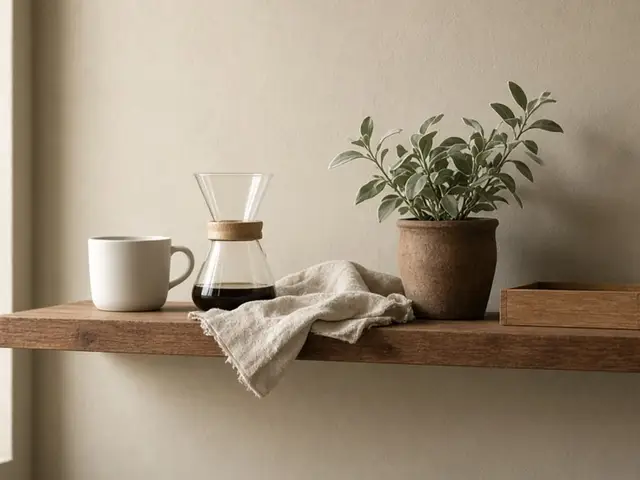 A small coffee shelf with a white cup, a glass carafe, and a linen napkin