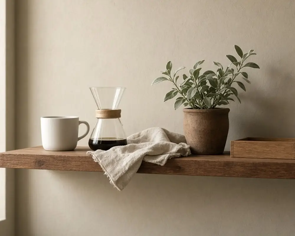 A small coffee shelf with a white cup, a glass carafe, a linen napkin, and a clay pot