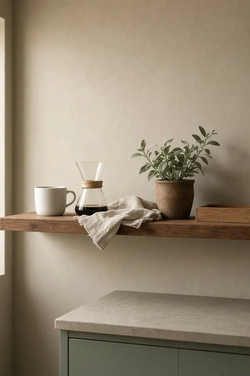 A small coffee shelf with a white cup, a glass carafe, a linen napkin, and a clay pot
