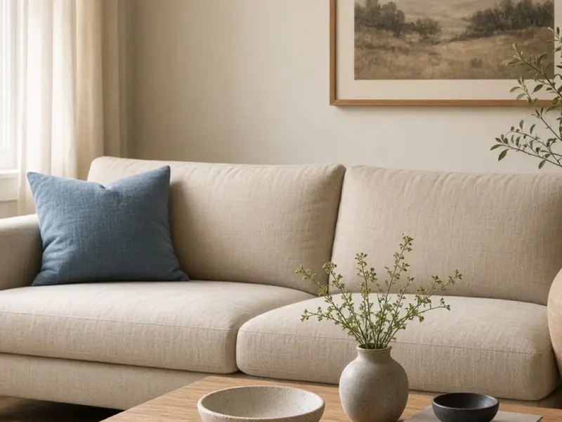 A beige sofa with one dusty blue pillow and a warm oak table