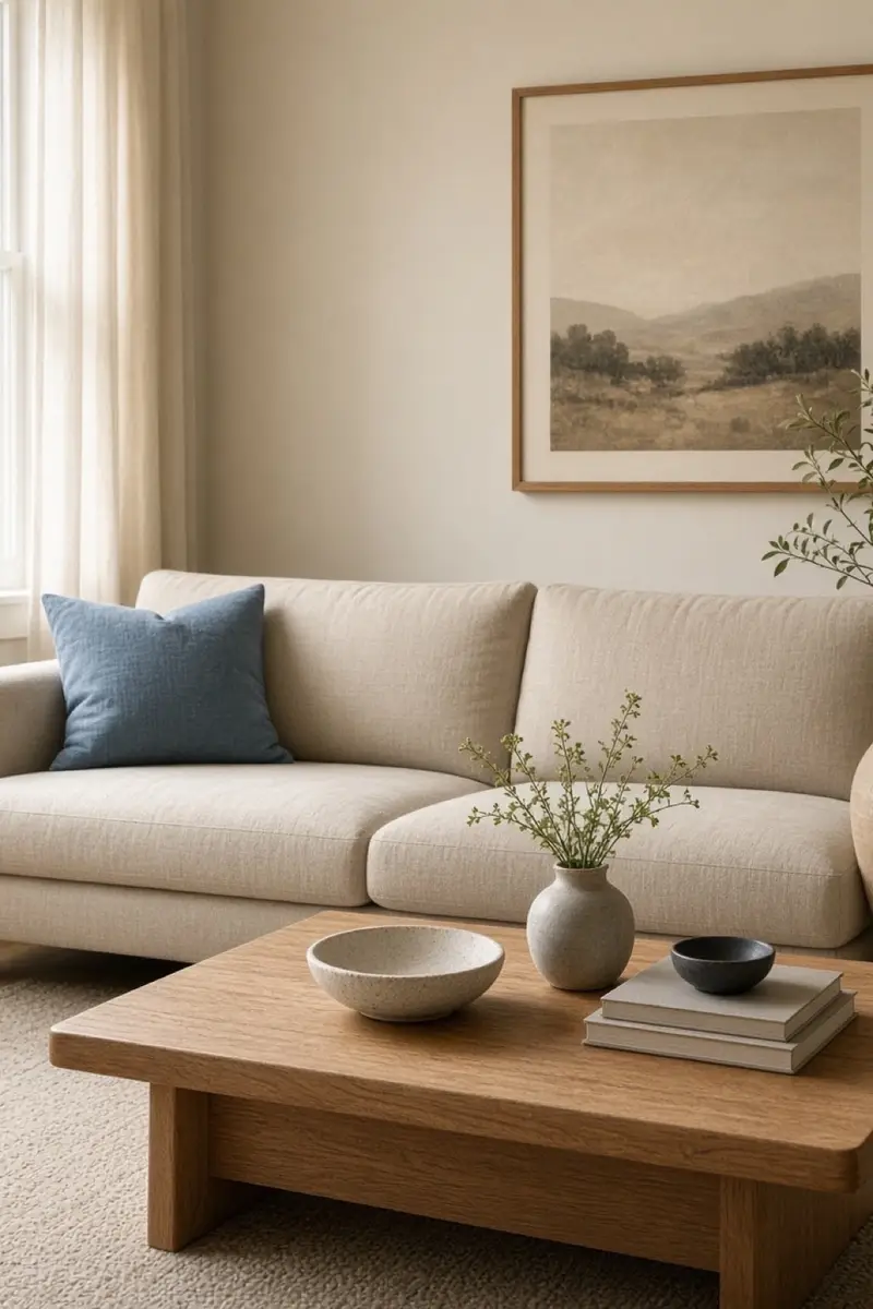 A beige sofa with one dusty blue pillow and a warm oak table