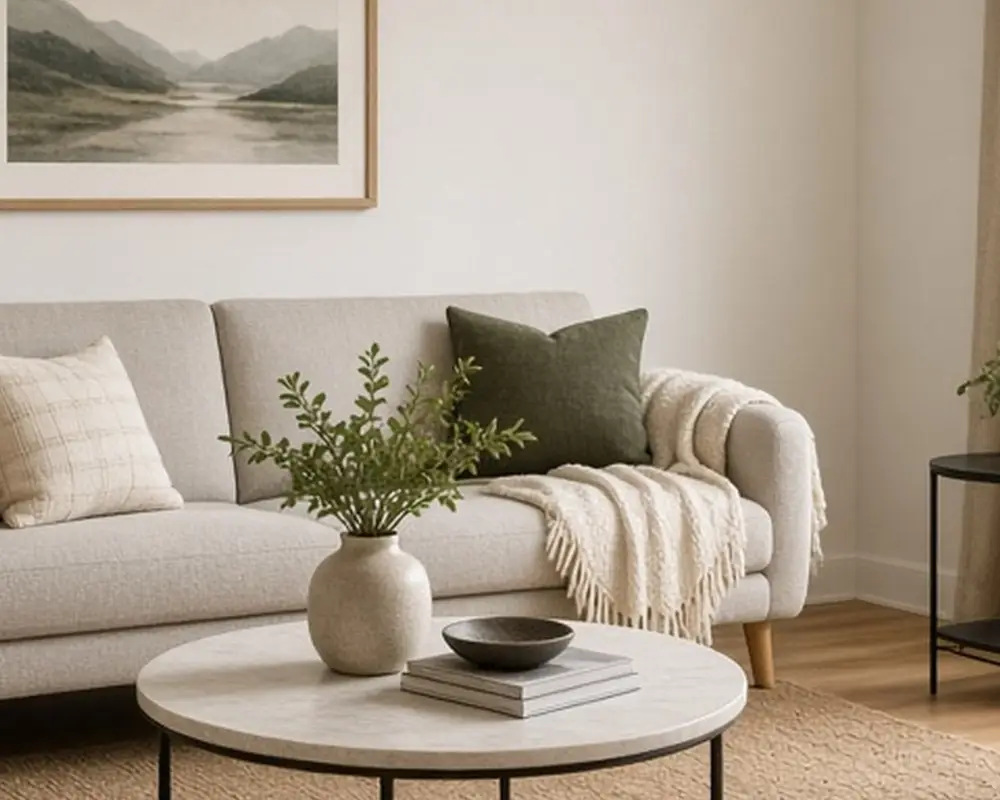 A small living room with an apartment sofa, a round coffee table, and a slim chair by the window